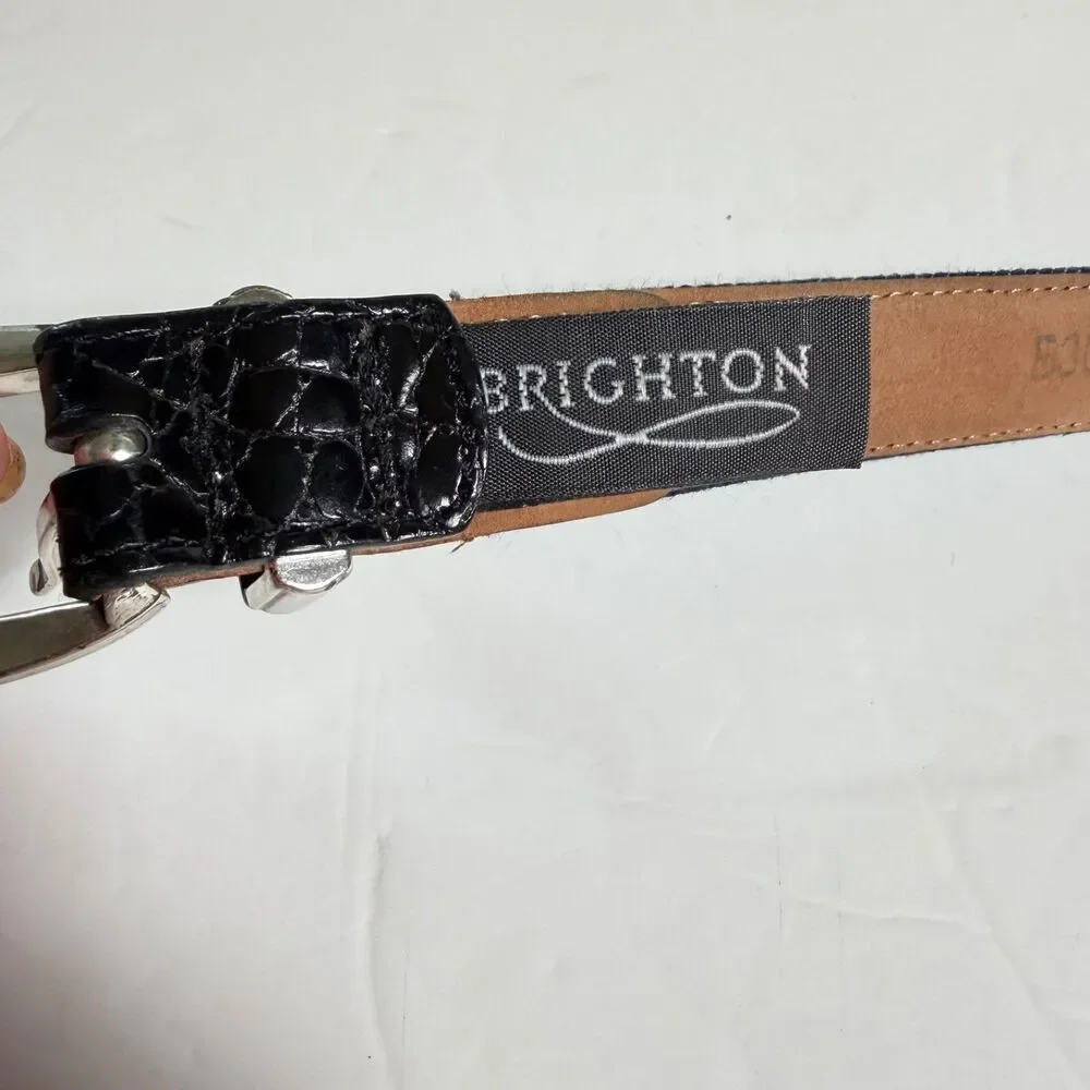 Brighton Denim Belt M/L 32 Blue Black Croc Embossed Leather Silver Flower Charm